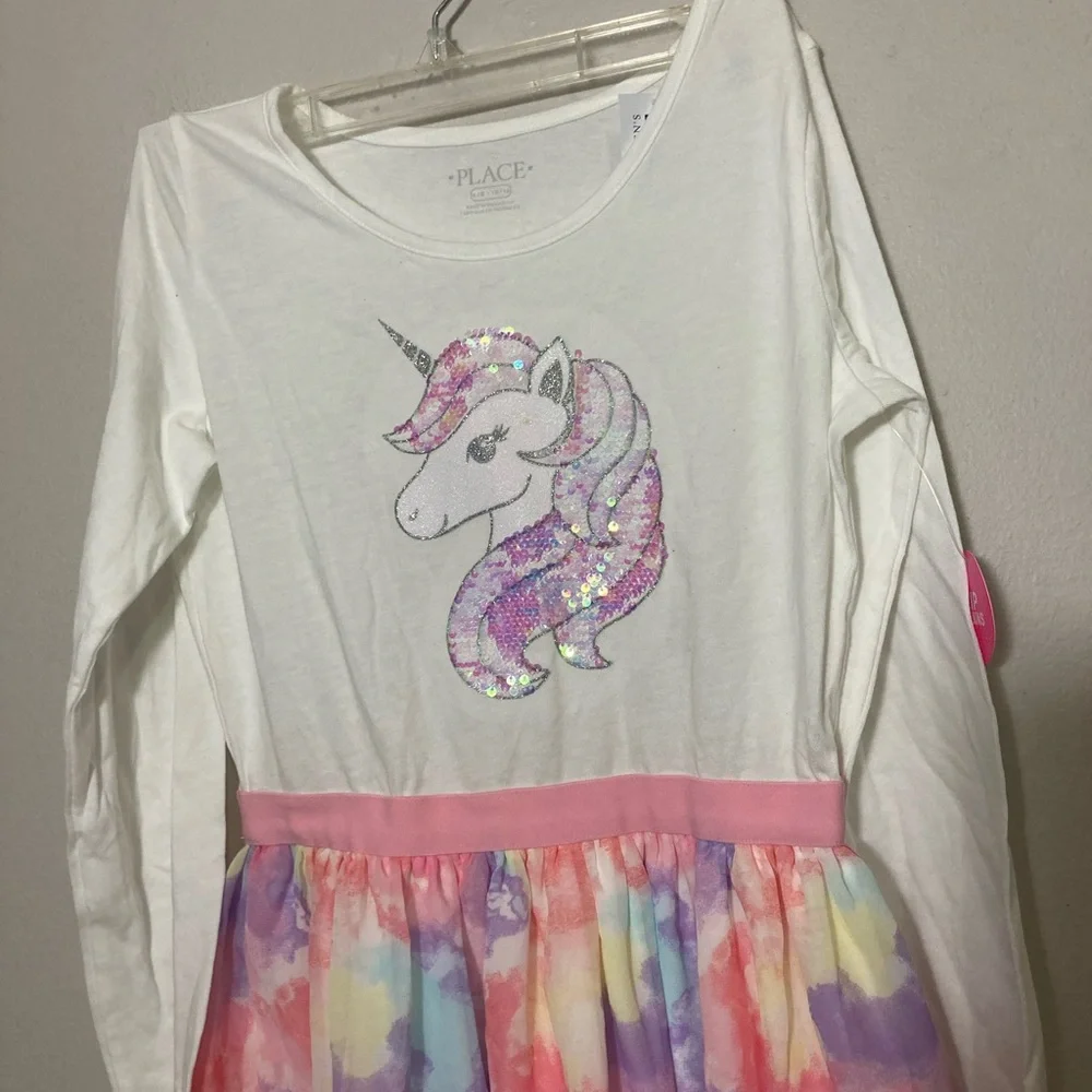 7-7 the children’s place girls dress unicorn sequins tie dye large 10/12 NWT